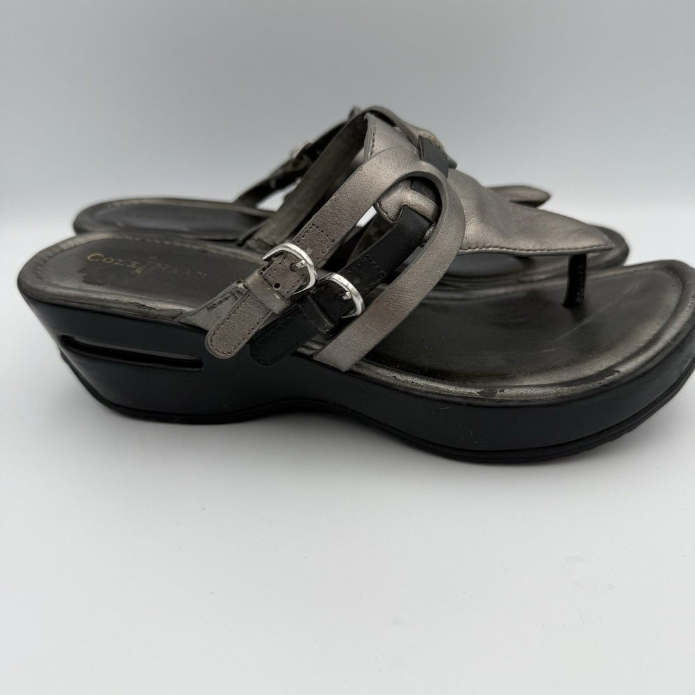 Cole Haan NikeAir Women's Wedge Sandals‎ Size 8 Metallic Gray Leather Thong - Picture 4 of 11